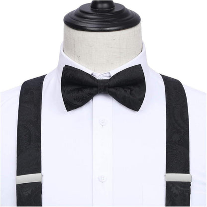 Herren Hosenträger Set mit Fliege & Einstecktuch – Y-Form, 6 Clips, Paisley Schwarz