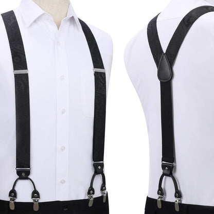 Herren Hosenträger Set mit Fliege & Einstecktuch – Y-Form, 6 Clips, Paisley Schwarz