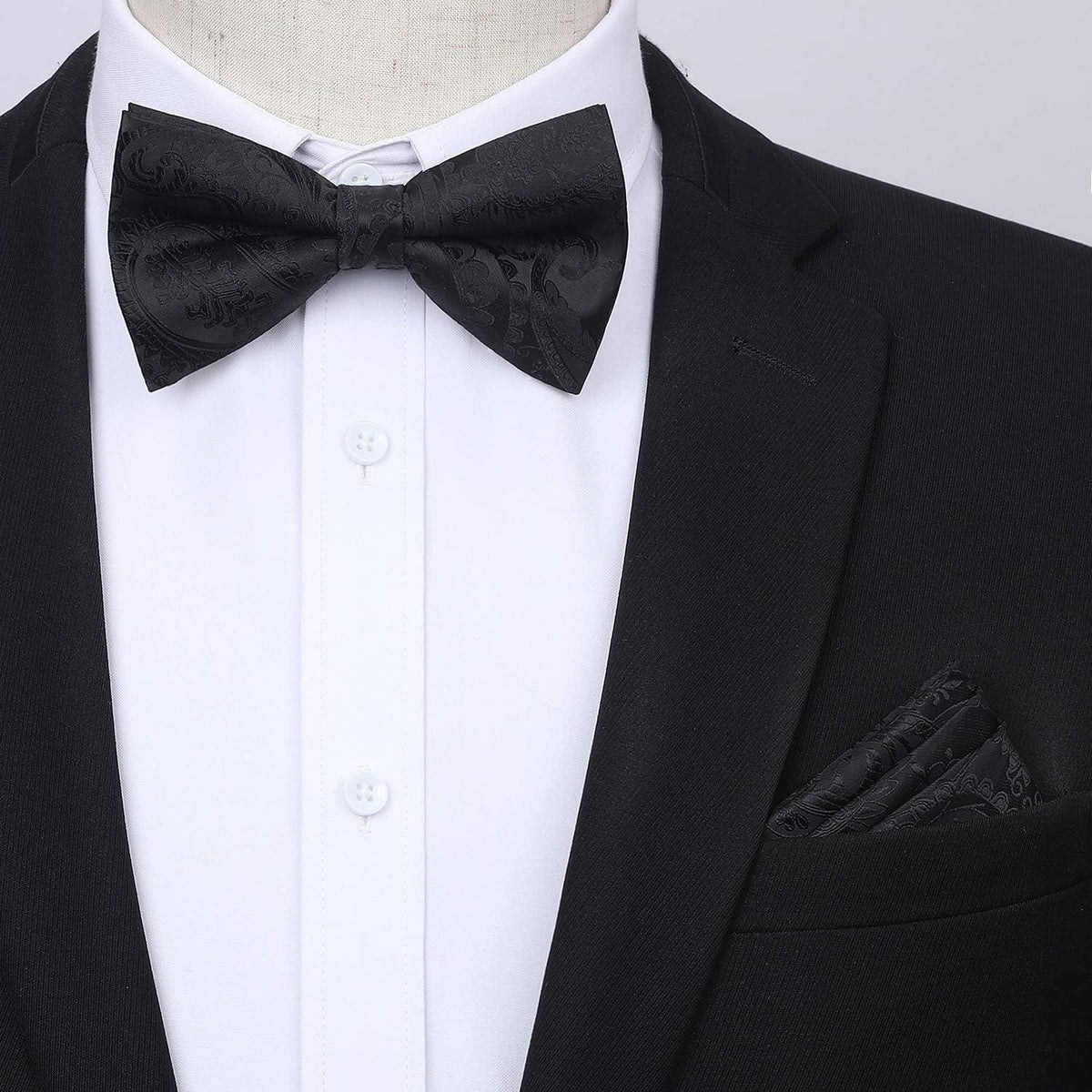 Herren Hosenträger Set mit Fliege & Einstecktuch – Y-Form, 6 Clips, Paisley Schwarz