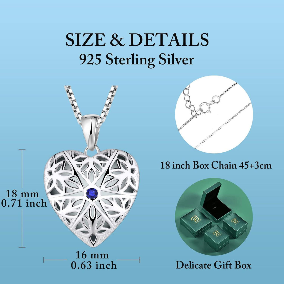 FJ Foto Medaillon Kette Damen 925 Sterling Silber Herz Saphir Opal Vintage Schmuck