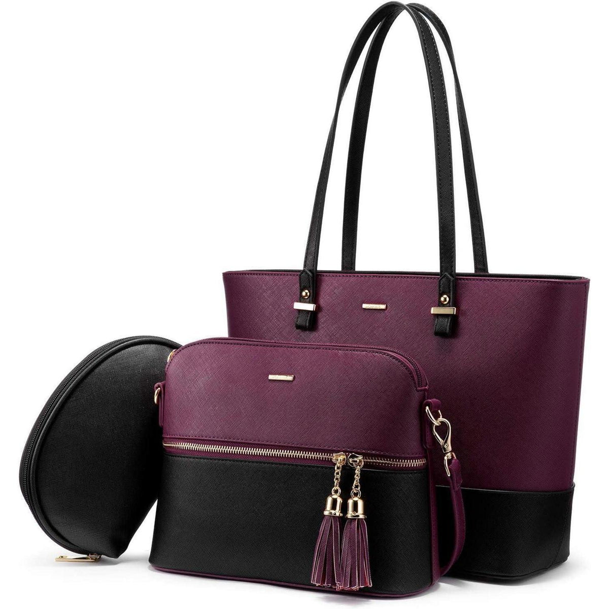 Großes Handtaschen-Set 3-teilig Schwarz-Violett in Lederoptik