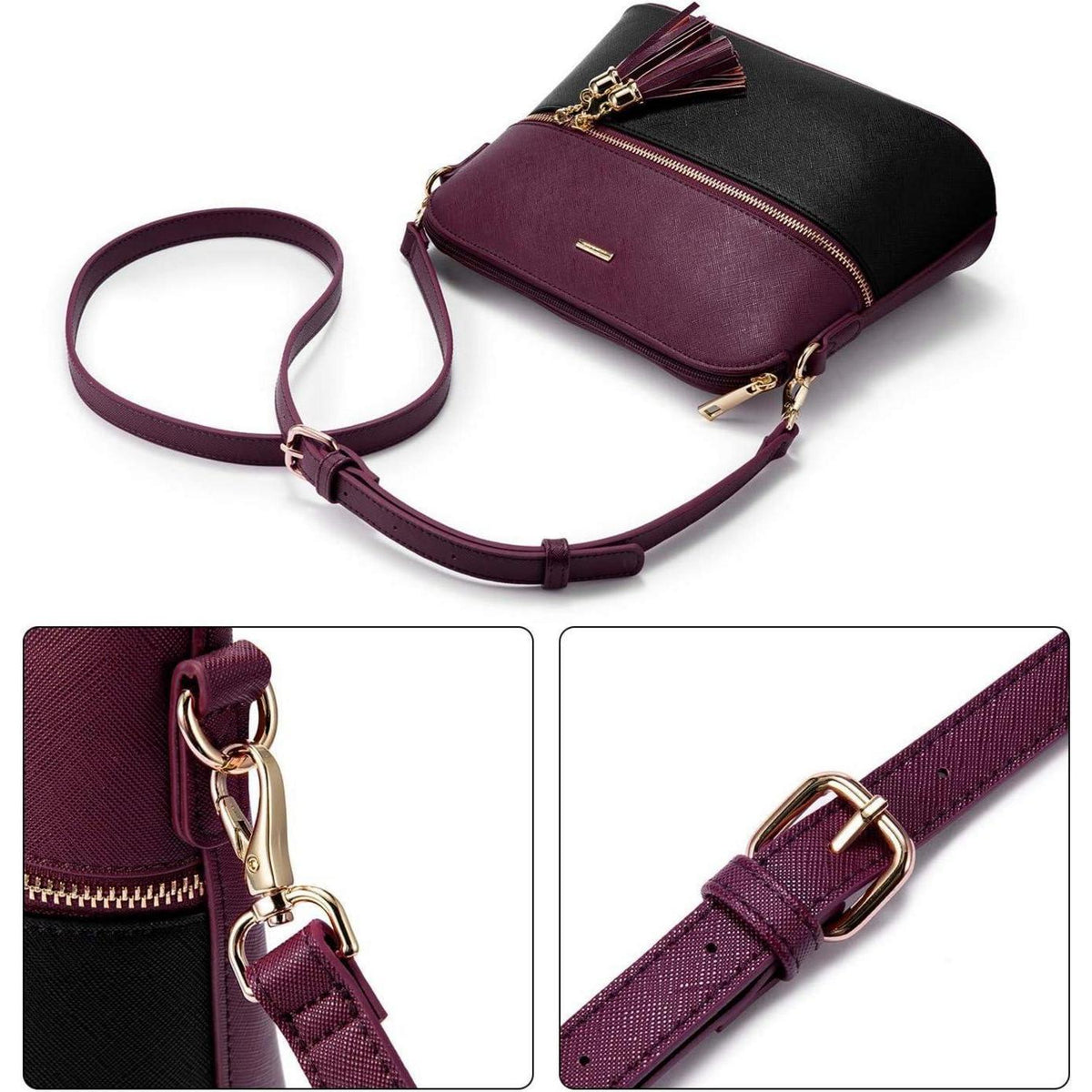 Großes Handtaschen-Set 3-teilig Schwarz-Violett in Lederoptik
