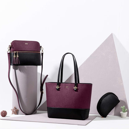 Großes Handtaschen-Set 3-teilig Schwarz-Violett in Lederoptik