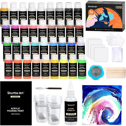 Shuttle Art Pouring Acrylfarben Set, 36 Farben, Leinwand