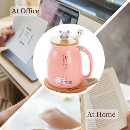 Katzen-Tasse Süße Keramik Kaffeetasse mit Deckel und Löffel 380ML Rosa
