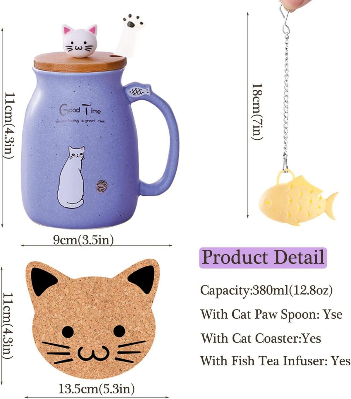 Katzen-Tasse Süße Keramik Kaffeetasse mit Deckel und Löffel 380ML - Geschenk für Frauen