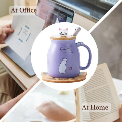 Katzen-Tasse Keramik mit Deckel und Löffel, Geschenk Teebecher 380ML