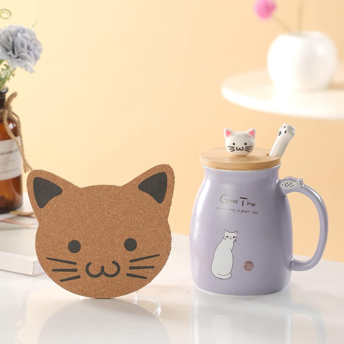 Katzen-Tasse Süße Keramik Kaffeetasse mit Deckel und Löffel 380ML - Geschenk für Frauen