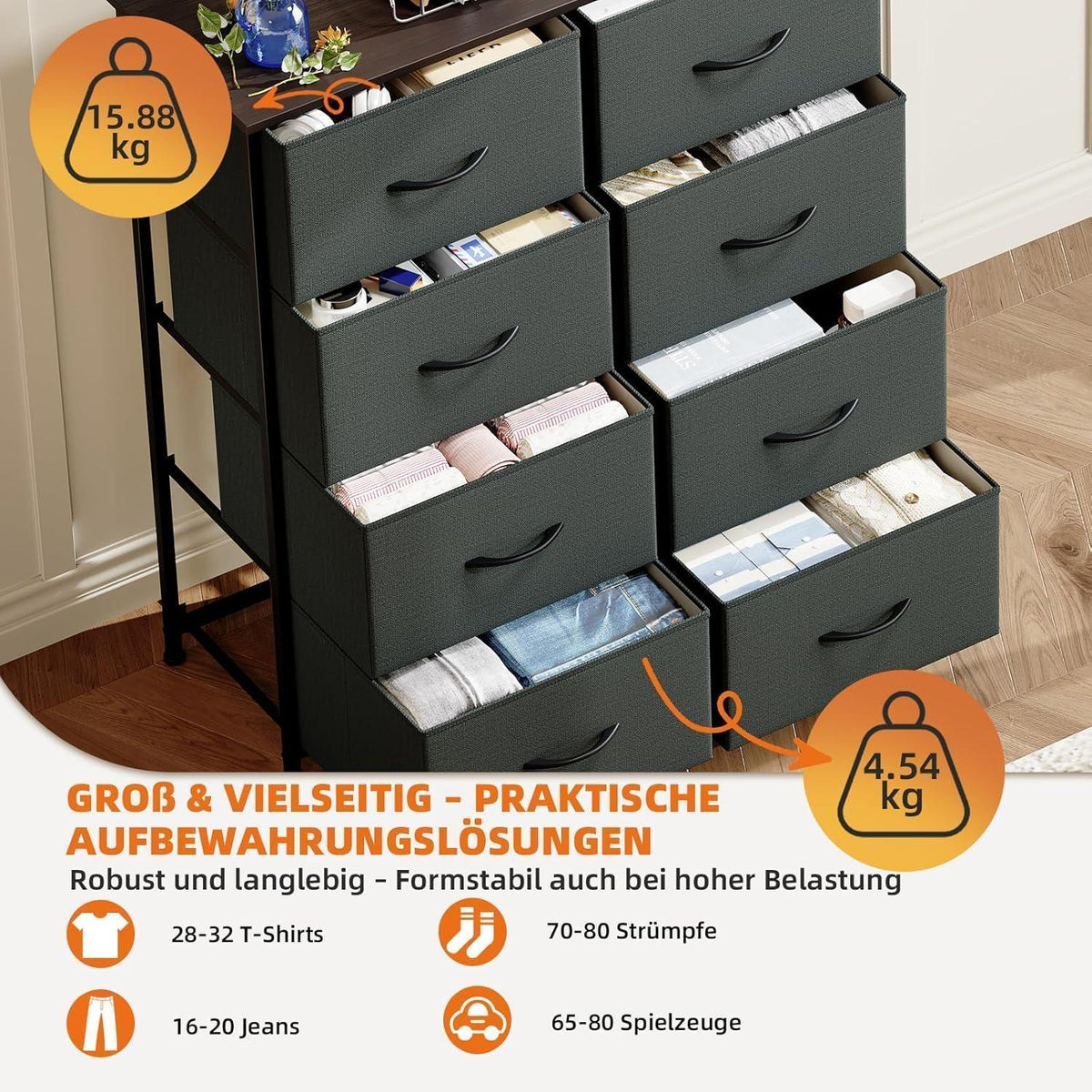 Kommode mit 8 Stoffschubladen – Grau, 30x80x93 cm