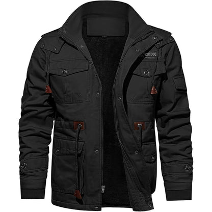 Herren Winterjacke Warm Gefüttert Militärstil Lässig Schwarz XXL
