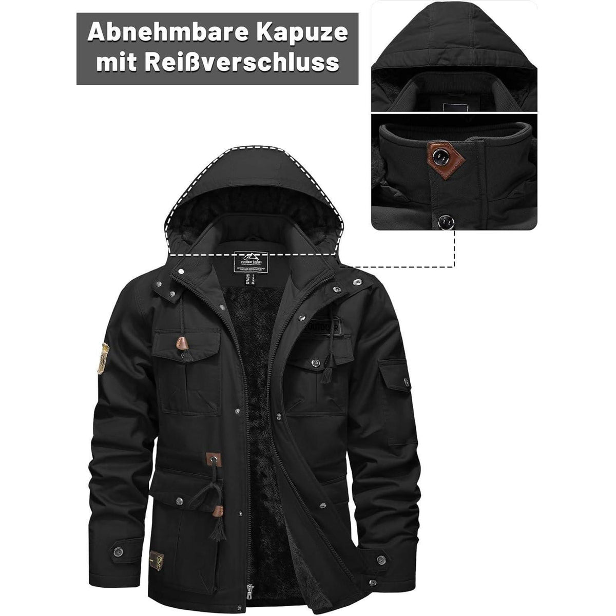 Herren Winterjacke Warm Gefüttert Militärstil Lässig Schwarz XXL