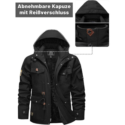 Herren Winterjacke Warm Gefüttert Militärstil Lässig Schwarz XXL
