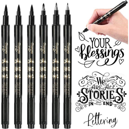Kalligraphie Stift Set – 6 Schwarze Pinselstifte für Handlettering