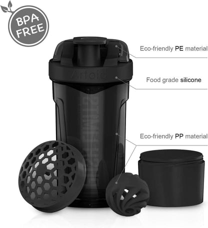 Sportmixer Shaker 720ml mit Sieb Spiralkugel und Aufbewahrungsbox, BPA