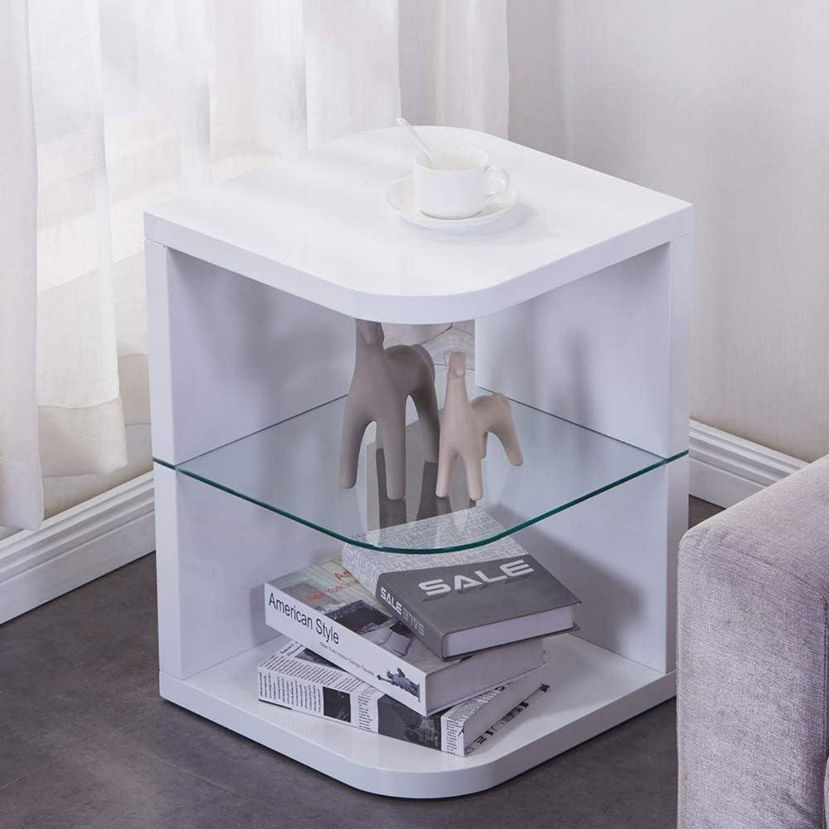 Moderne Runder Beistelltisch Holz Hochglanz Glas Ebenen