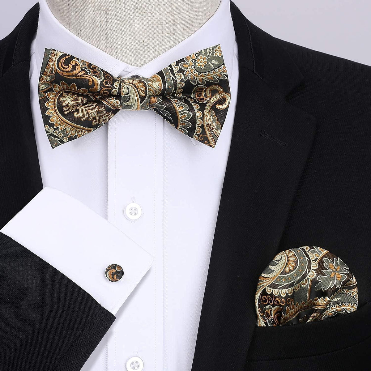 Herren Paisley Fliegen-Set mit Einstecktuch und Manschettenknöpfen, Gold