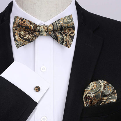 Herren Paisley Fliegen-Set mit Einstecktuch und Manschettenknöpfen, Gold