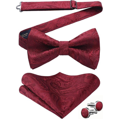 Paisley Fliegen-Set mit Einstecktuch und Manschettenknöpfen, Bordeaux