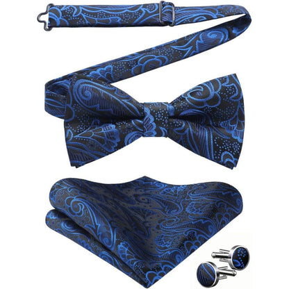Herren Fliegen-Set mit Einstecktuch und Manschettenknöpfen, Dunkelblau Paisley
