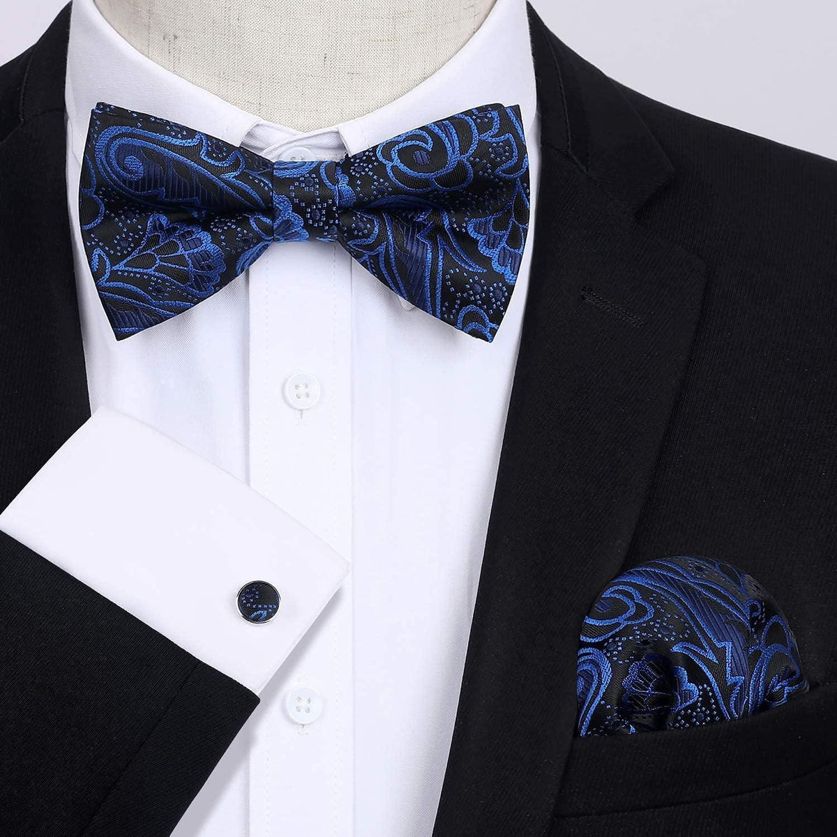 Herren Fliegen-Set mit Einstecktuch und Manschettenknöpfen, Dunkelblau Paisley
