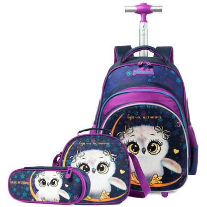 Schultrolley Rucksack Eule Grün mit Lunchbox & Federmäppchen