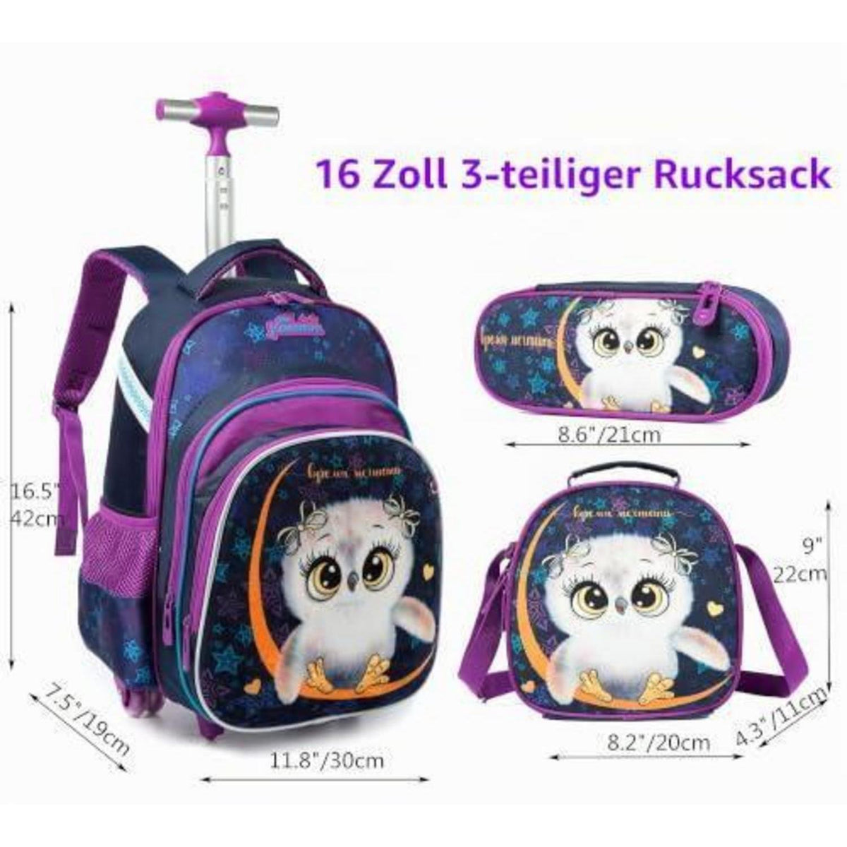 Schultrolley Rucksack Eule Grün mit Lunchbox & Federmäppchen
