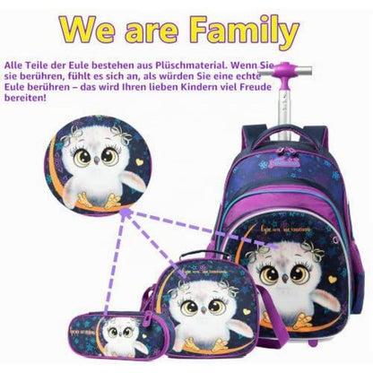 Schultrolley Rucksack Eule Grün mit Lunchbox & Federmäppchen