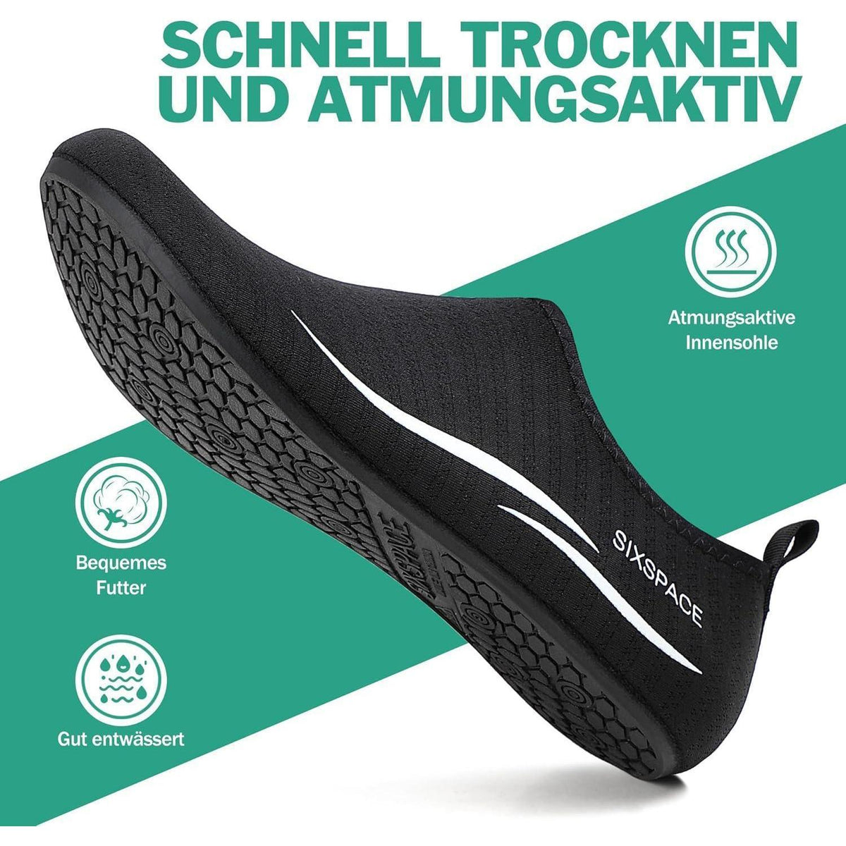 Badeschuhe Wasserschuhe Schnell Trocknend Rutschfest für Damen Herren Schwarz