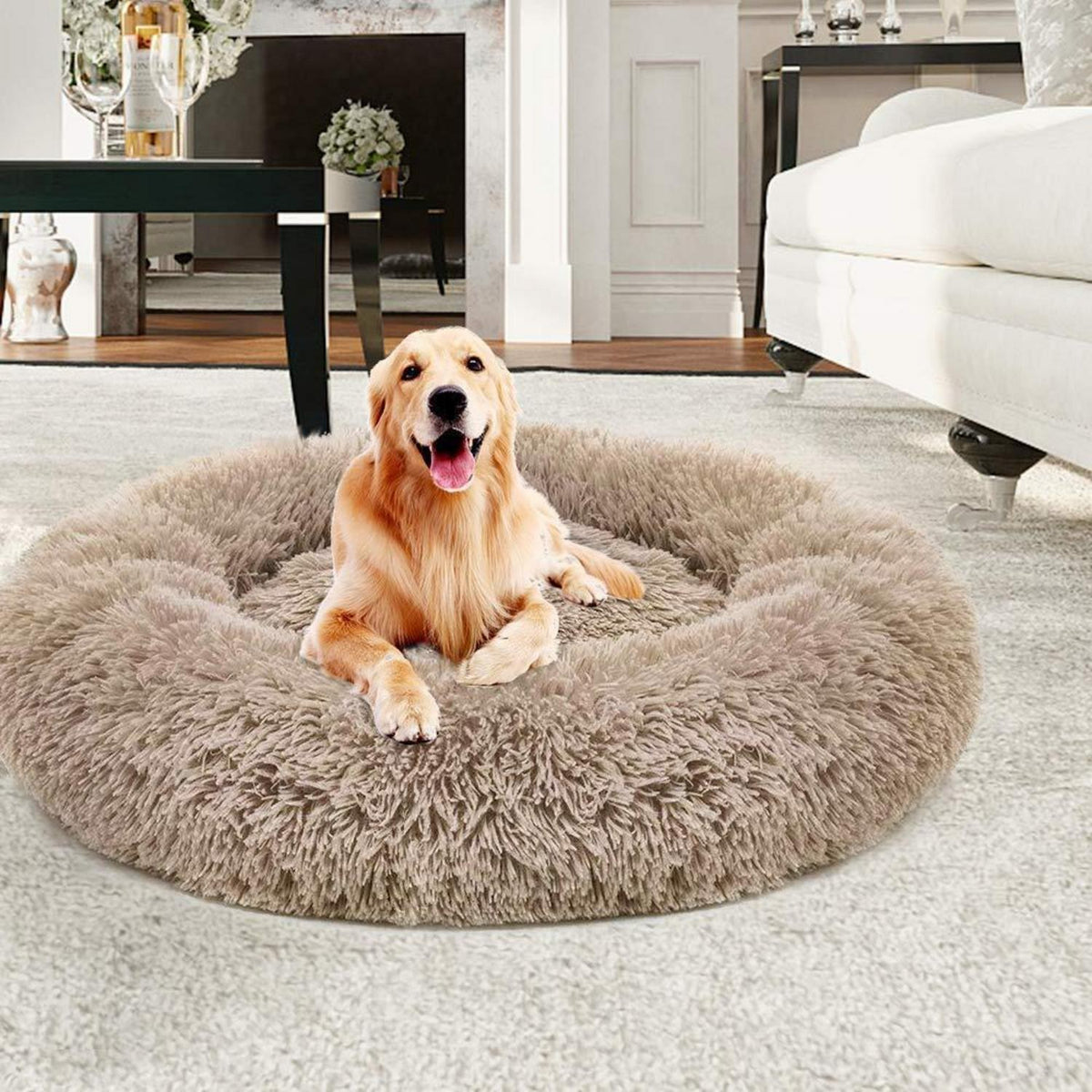 Flauschiges Hundebett Doughnut-Form, Waschbar, Kaffee L-80cm