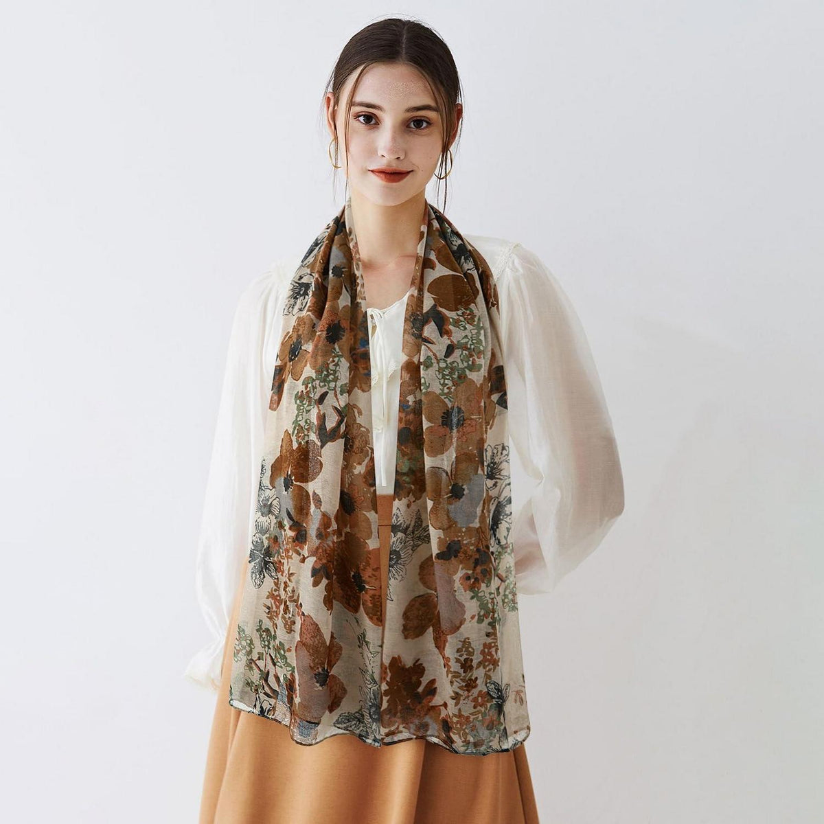 Damen Schal Musselin Baumwolle Floral Herbst Braun