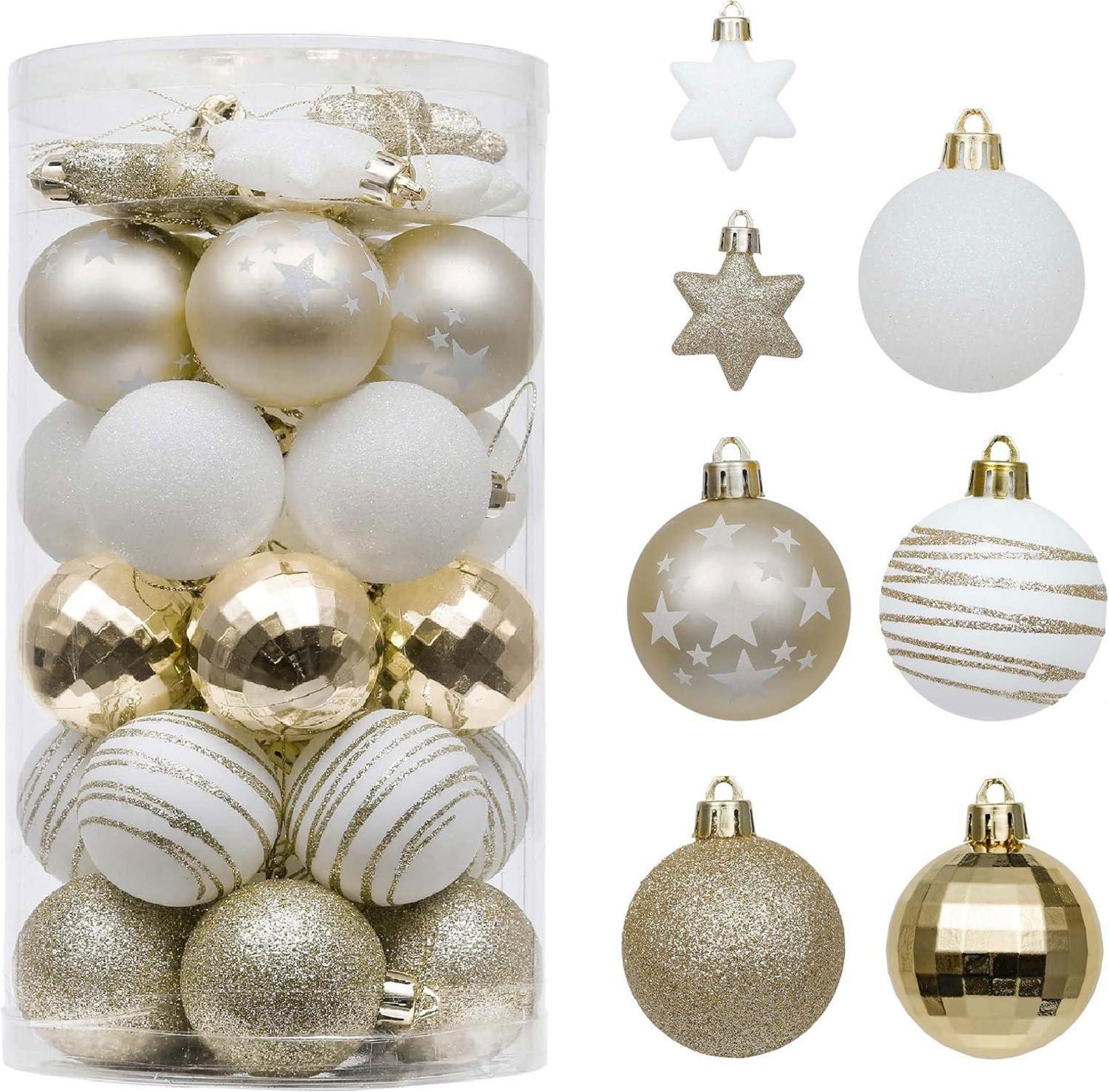 35tlg. Weihnachtskugeln 5cm Set Plastik Christbaumkugeln Weiß Gold