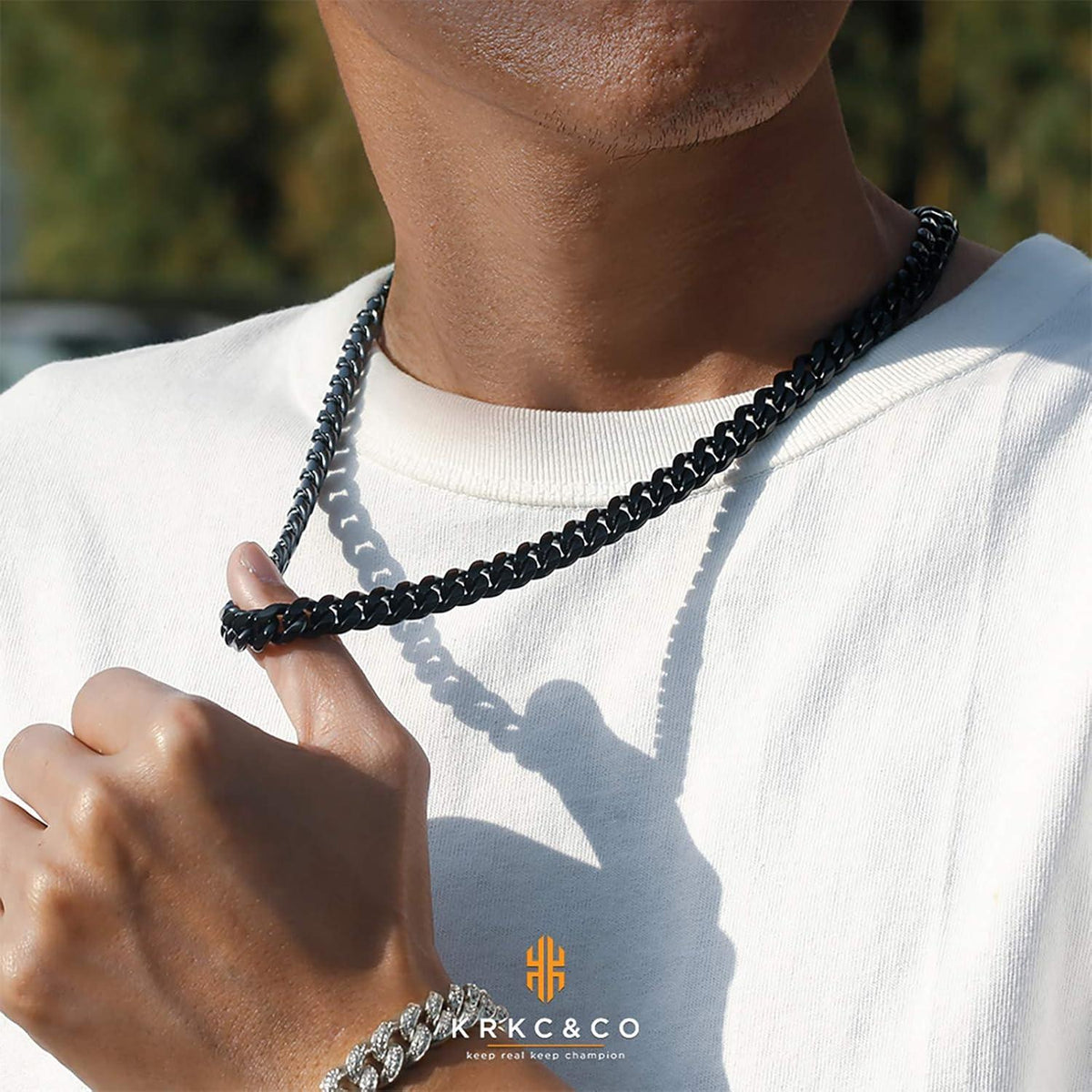 Herren Panzerkette 10mm Gold Cuban Link Chain 50.8cm Schwarz