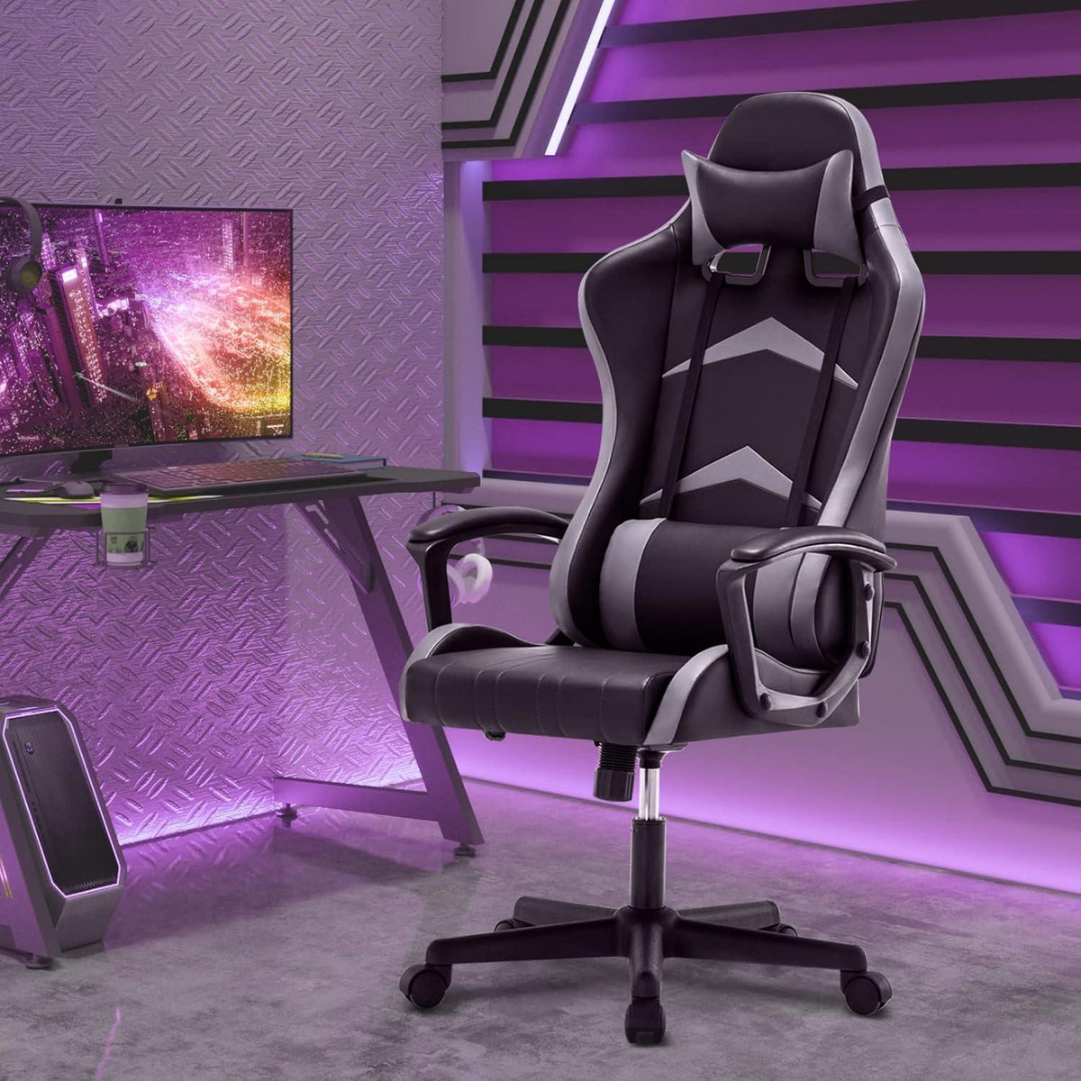 Gaming Stuhl mit Verstellbarem Kopf- und Lendenkissen Grau