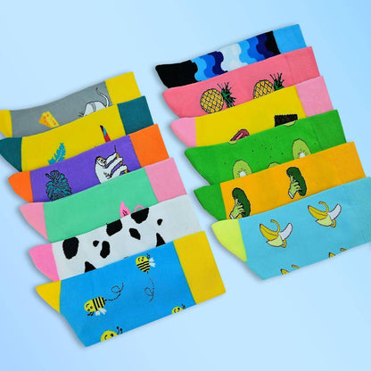 Bunte Baumwollsocken mit lustigen Tier- & Fruchtmustern