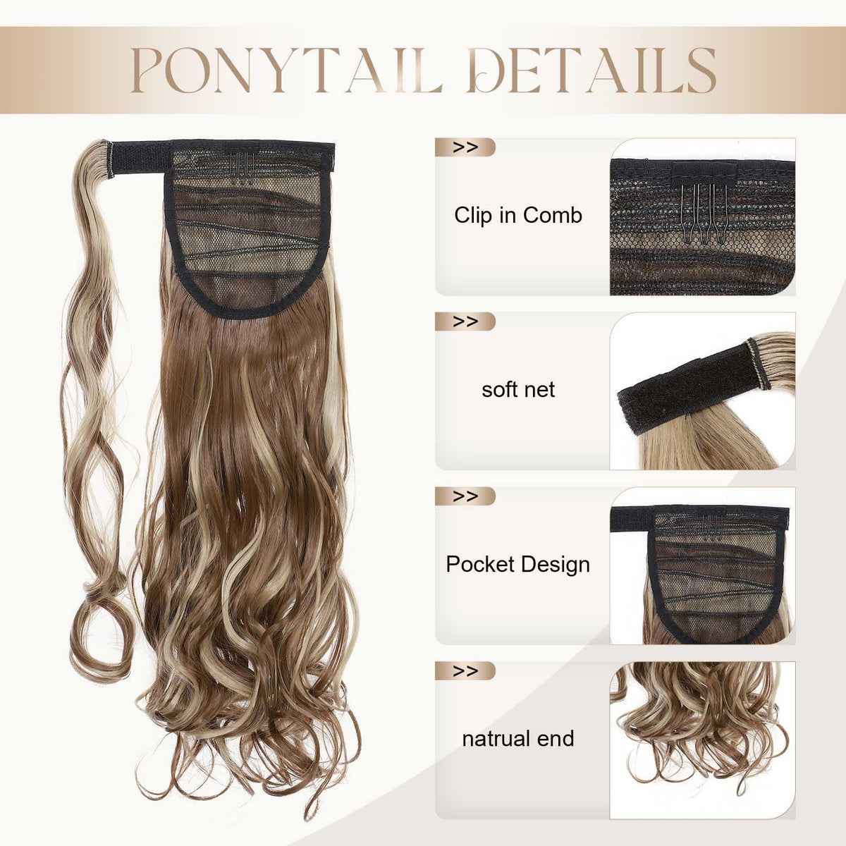 Gewellte Haarverlängerung Pferdeschwanz Hellbraun & Aschblond 43cm