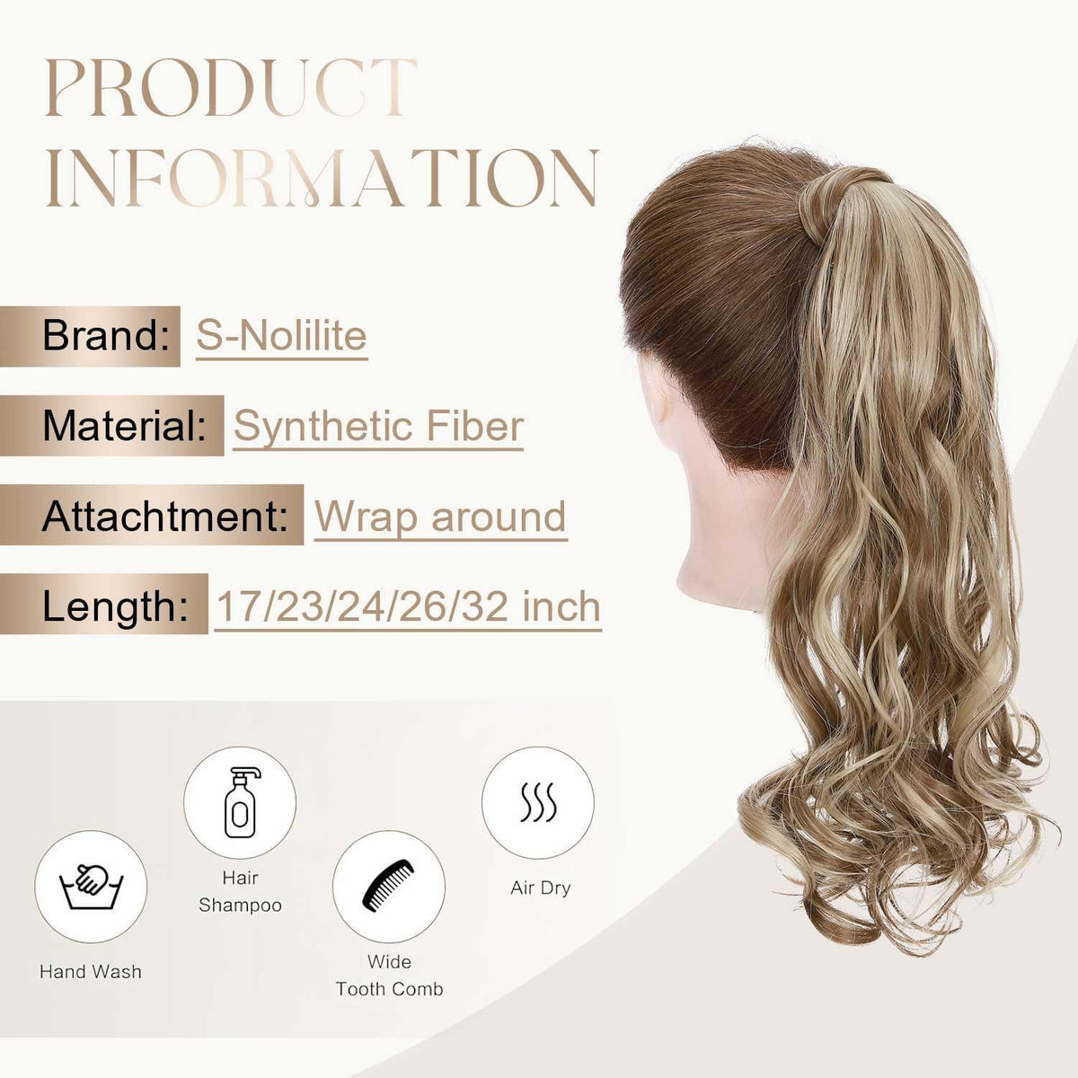 Gewellte Haarverlängerung Pferdeschwanz Hellbraun & Aschblond 43cm