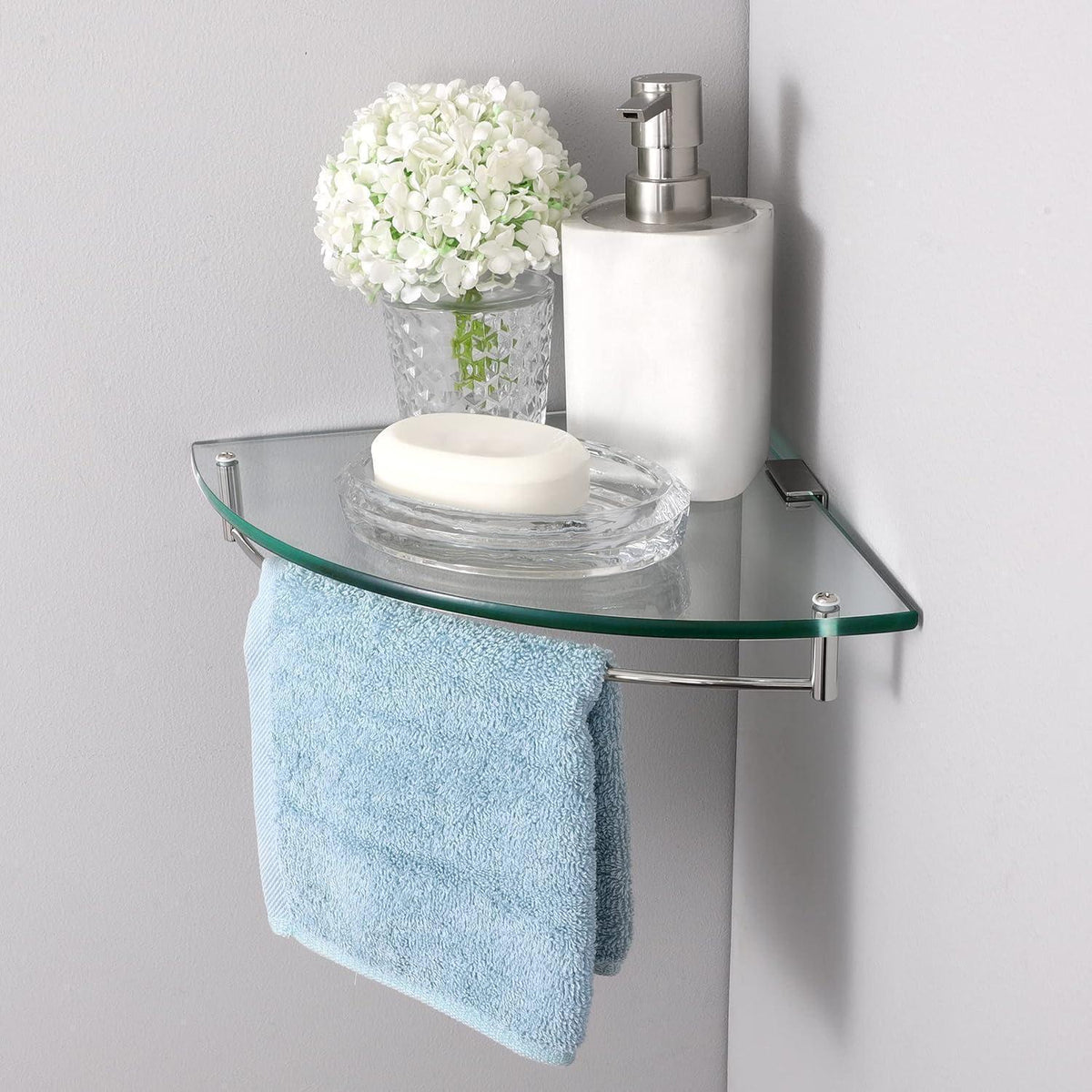 Duschablage Ecke Glas 7mm Hartglas mit Metallstange poliert