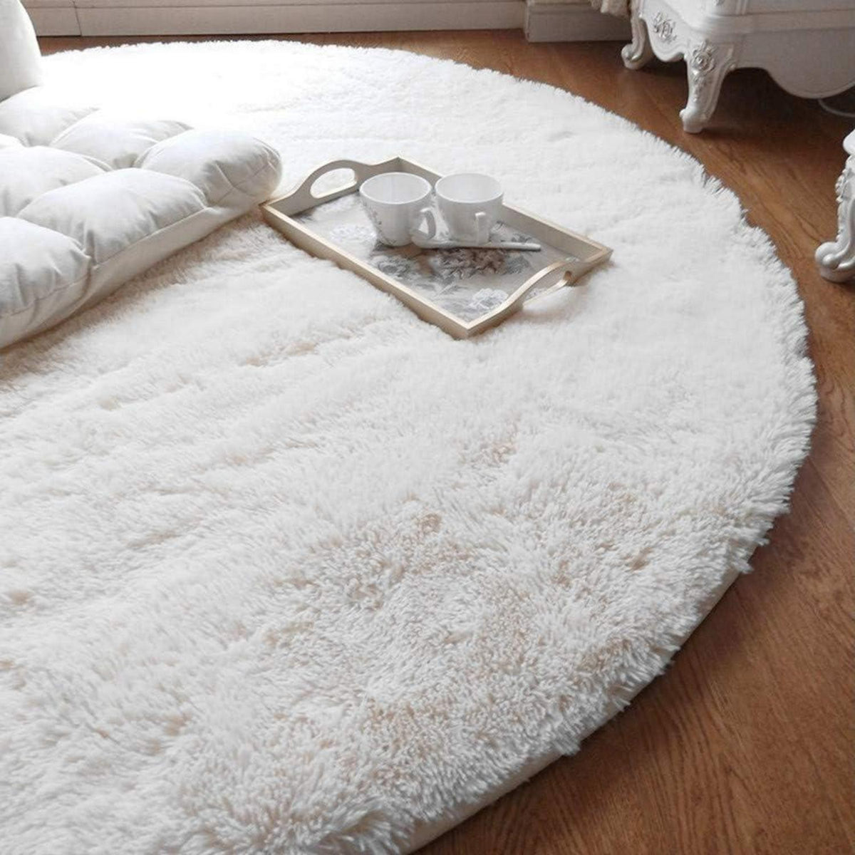 Runder Wohnzimmerteppich weiß 160cm - Anti Rutsch & Flauschig