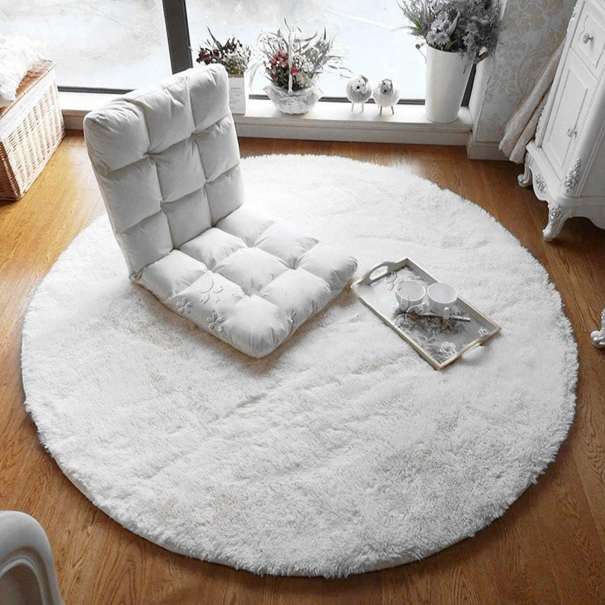 Runder Wohnzimmerteppich weiß 160cm - Anti Rutsch & Flauschig