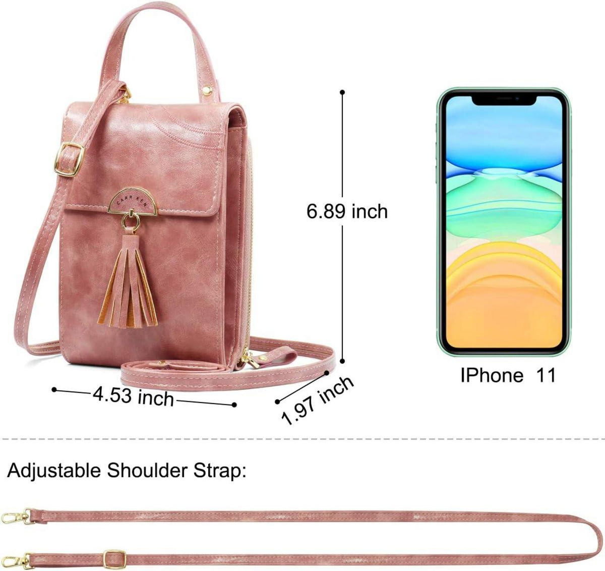Handy Umhängetasche PU Leder Damen Crossbody Tasche Kartenfächer Rosa