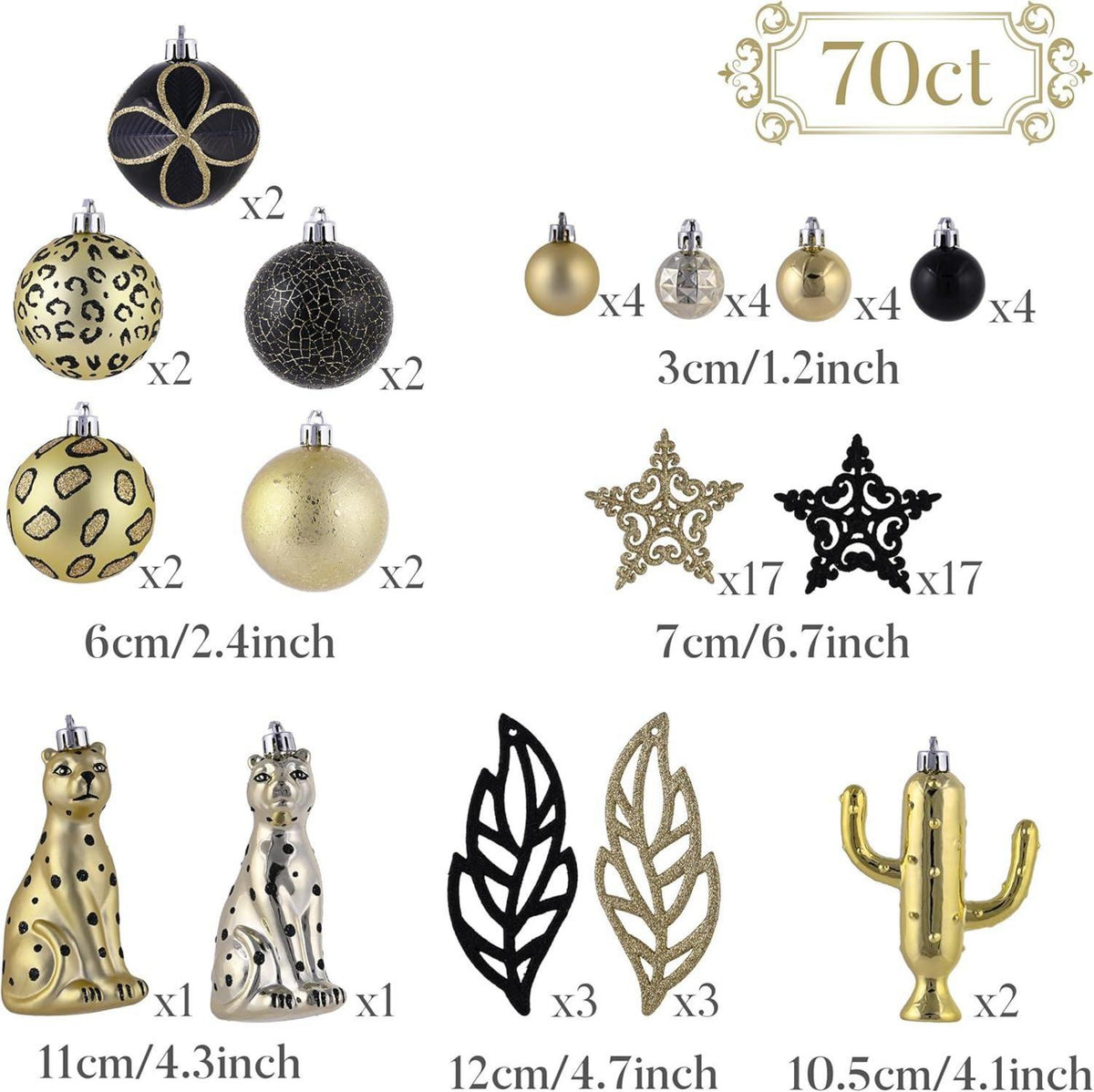 Weihnachtskugeln 70 TLG Kunststoff Gold Schwarz Set Chrisbaumkugeln
