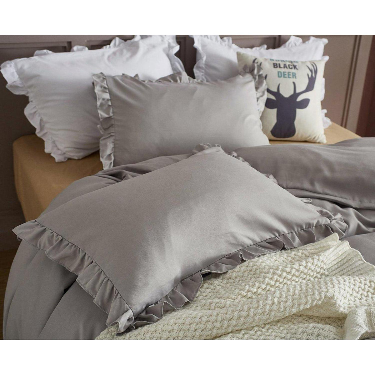 Rüschen Bettwäsche Set Grau Schwarz Blumen 135x200 4-teilig