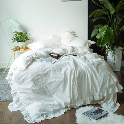 Rüschen Bettwäsche 200x200 Weiß, 3-teilig