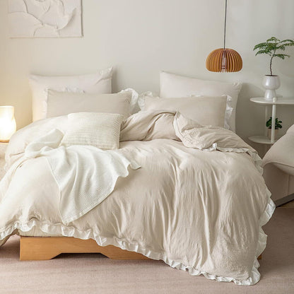 Rüschen Bettwäsche Set Beige Weiß 155x220 + 80x80