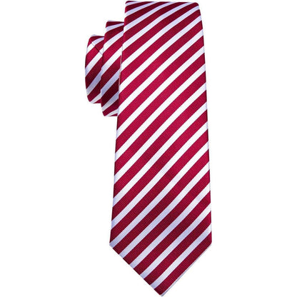 Herren Krawatten Set Seide Paisley Rot-weiß Gestreift mit Einstecktuch & Manschettenknöpfen