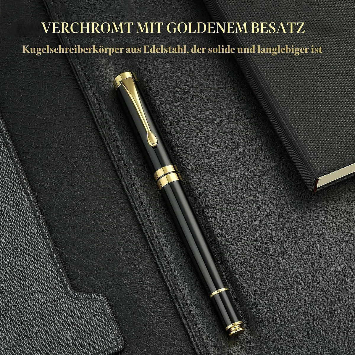 Kugelschreiber Chrom Schwarz Gold | Premium Geschenkset mit Nachfüllpackung