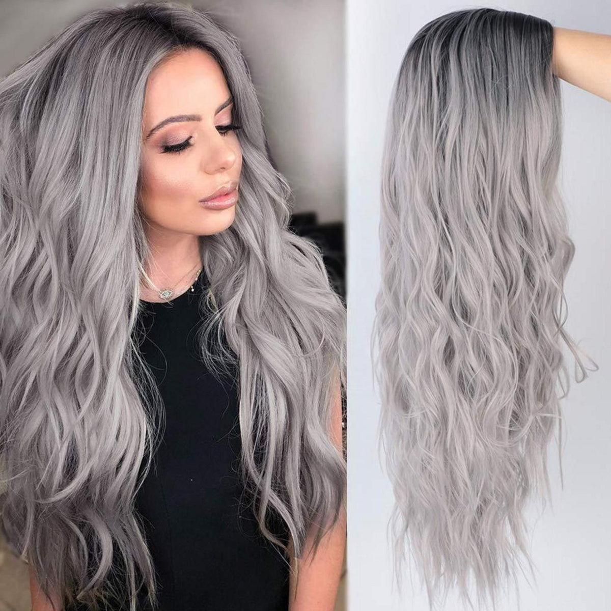 Graue Lang Lockige Damen Perücke Ombre Silber Haar Perücke