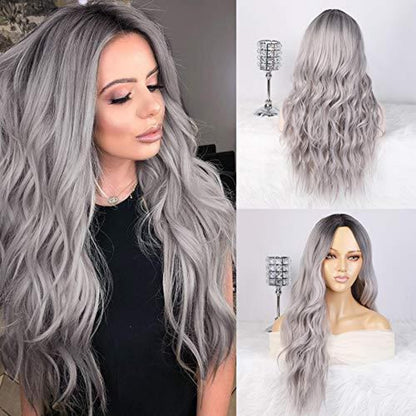 Graue Lang Lockige Damen Perücke Ombre Silber Haar Perücke