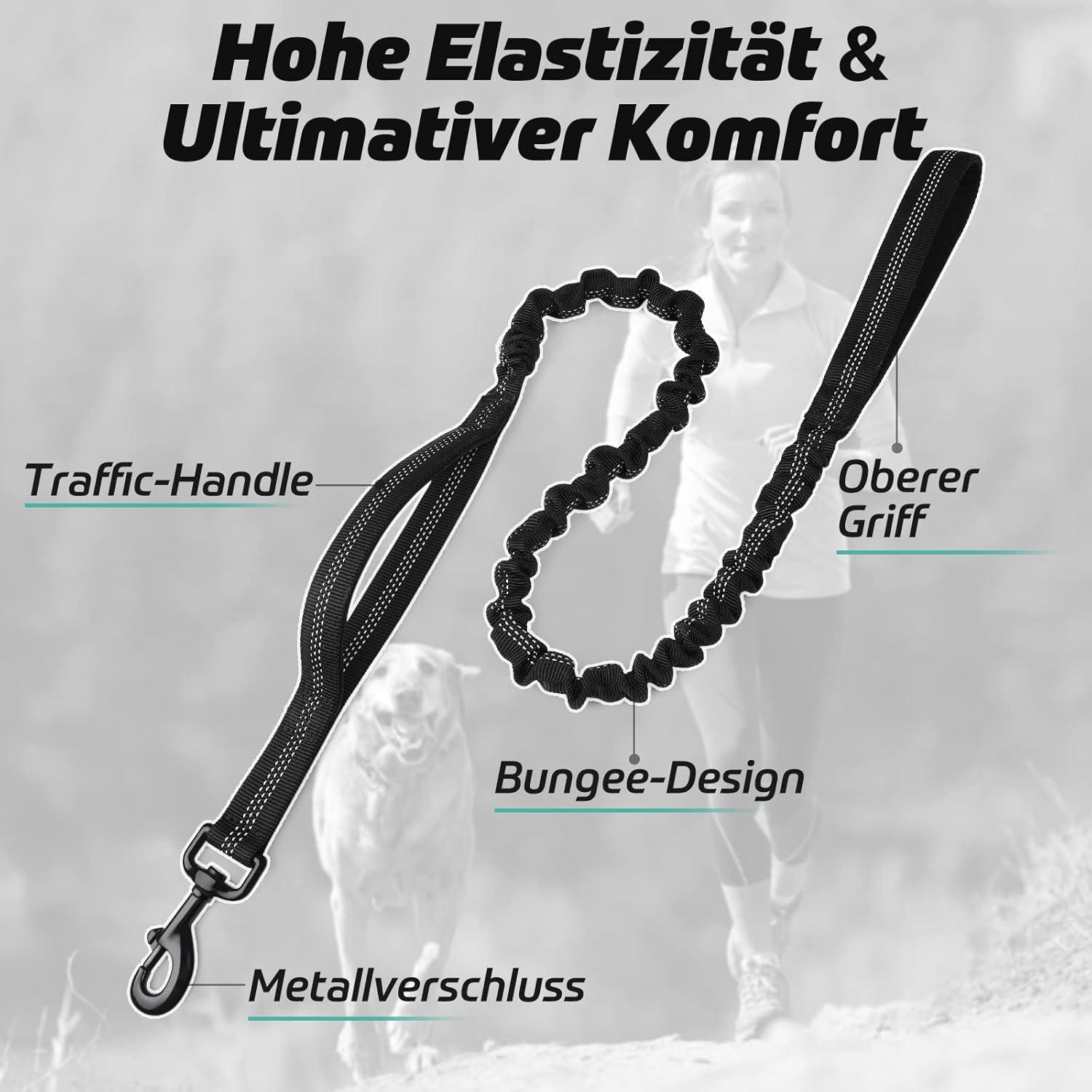 Reflektierende Bungee Hundeleine mit Gepolsterten Griffen Schwarz