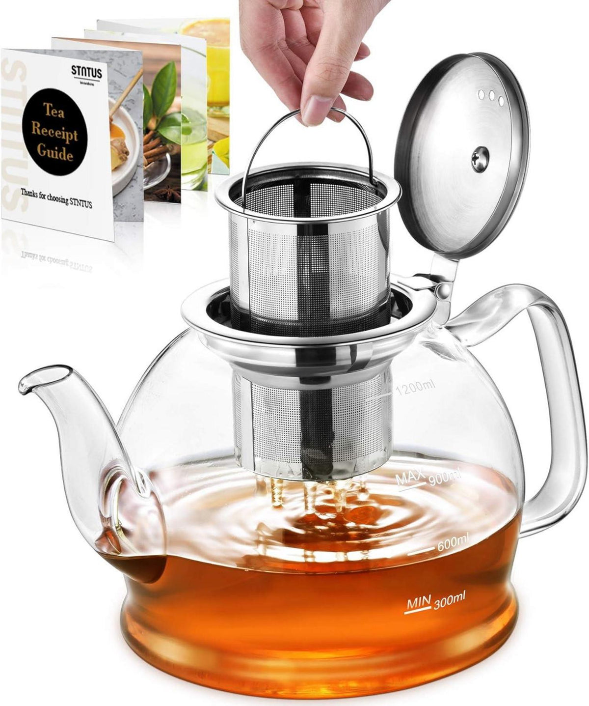 Teekanne Glas mit Siebeinsatz Tee Kanne 1.2L Hitzebeständig
